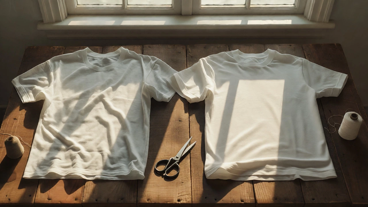 Side-by-side comparison of a worn-out cheap t-shirt and a durable premium tee