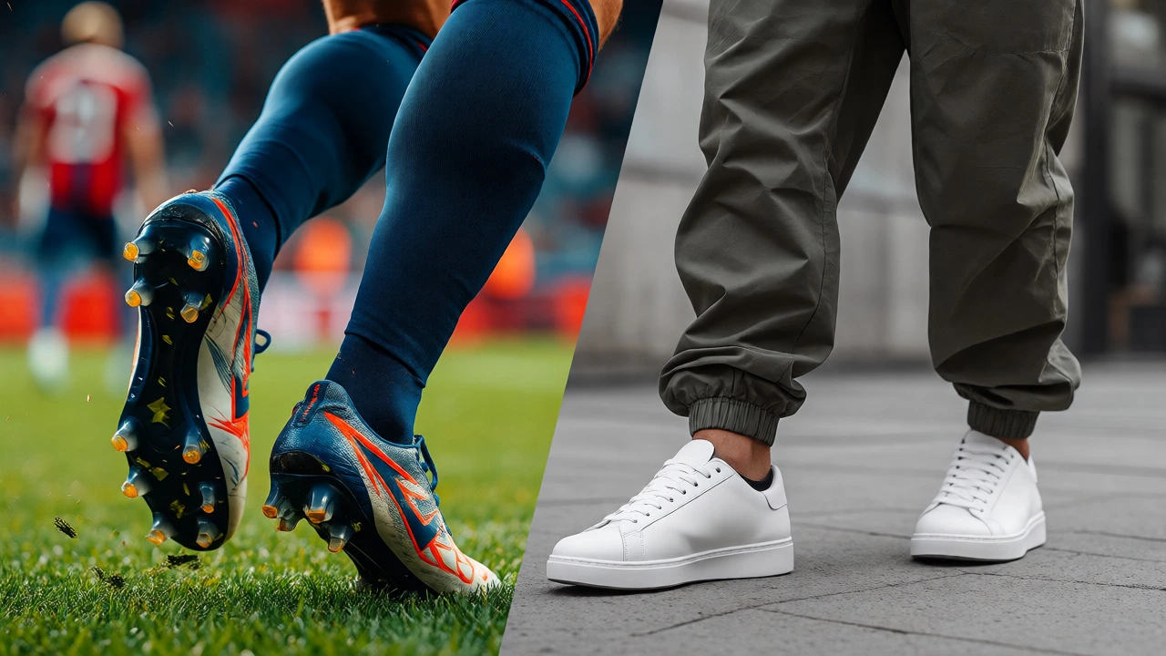 Split view comparing soccer cleats on grass with casual sneakers on pavement.