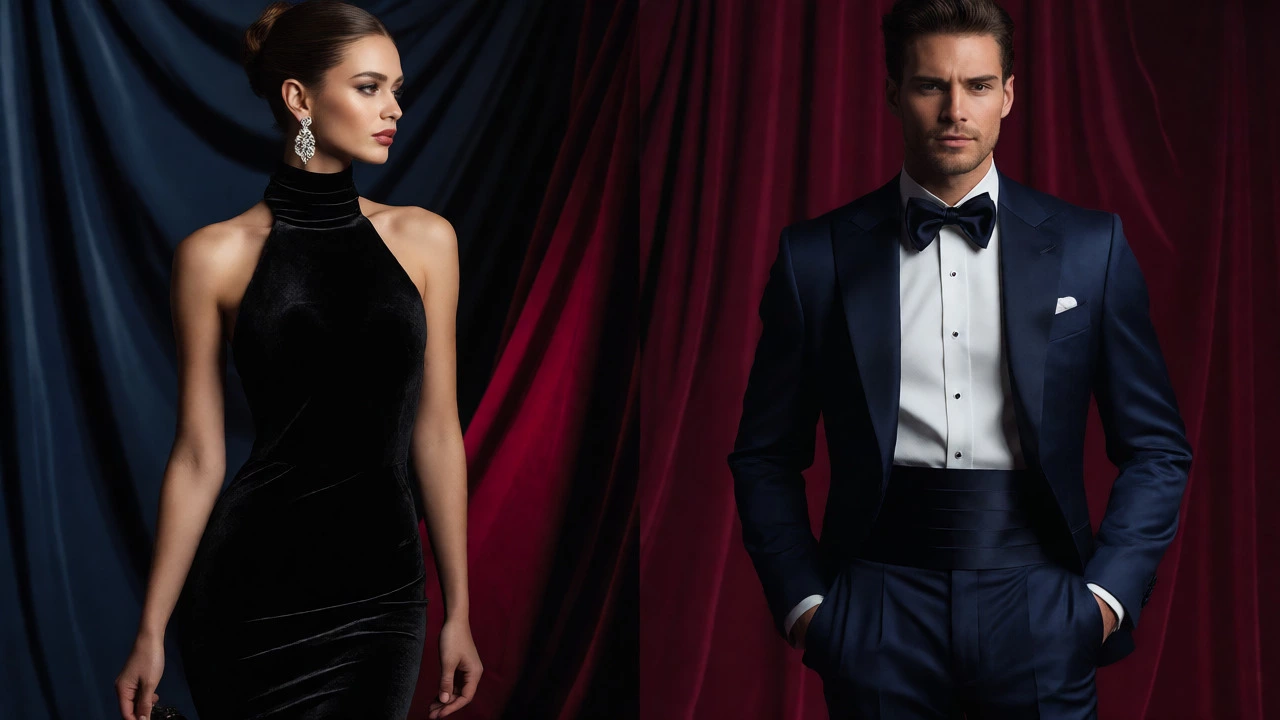 Split view of a woman in a black velvet gown and a man in a tuxedo
