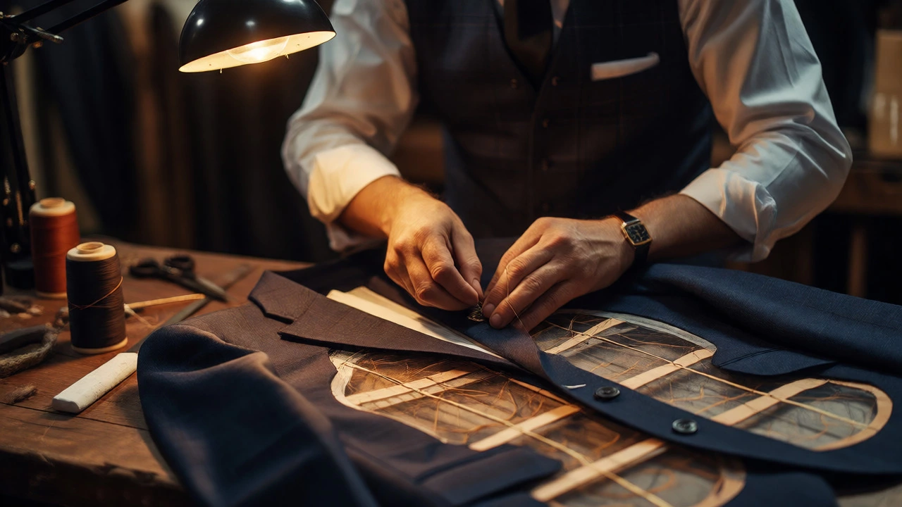Tailor hand-stitching a floating canvas layer into a bespoke suit jacket.