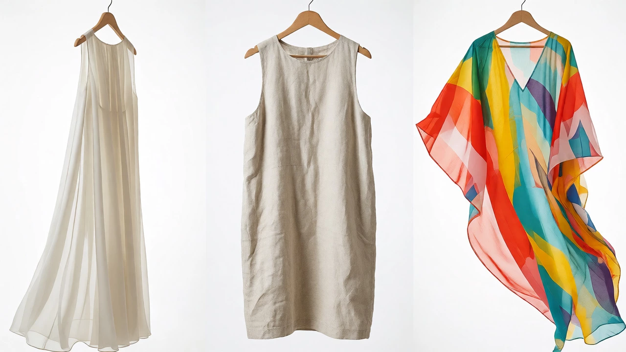 Three summer dresses: maxi, shift, and kaftan