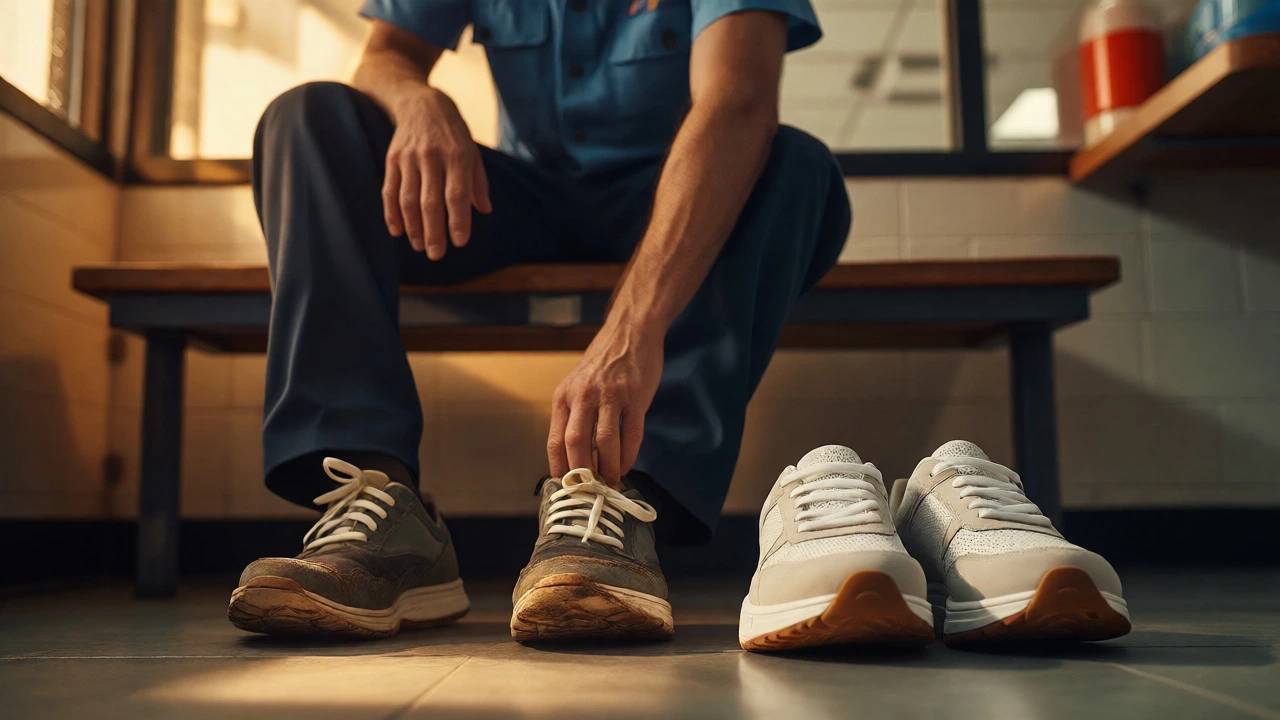 Tired worker examining worn-out shoes beside a new pair in a break room