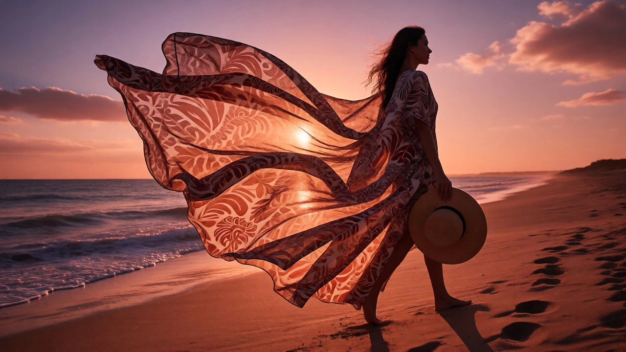 Woman in a flowing kaftan on a beach at sunset